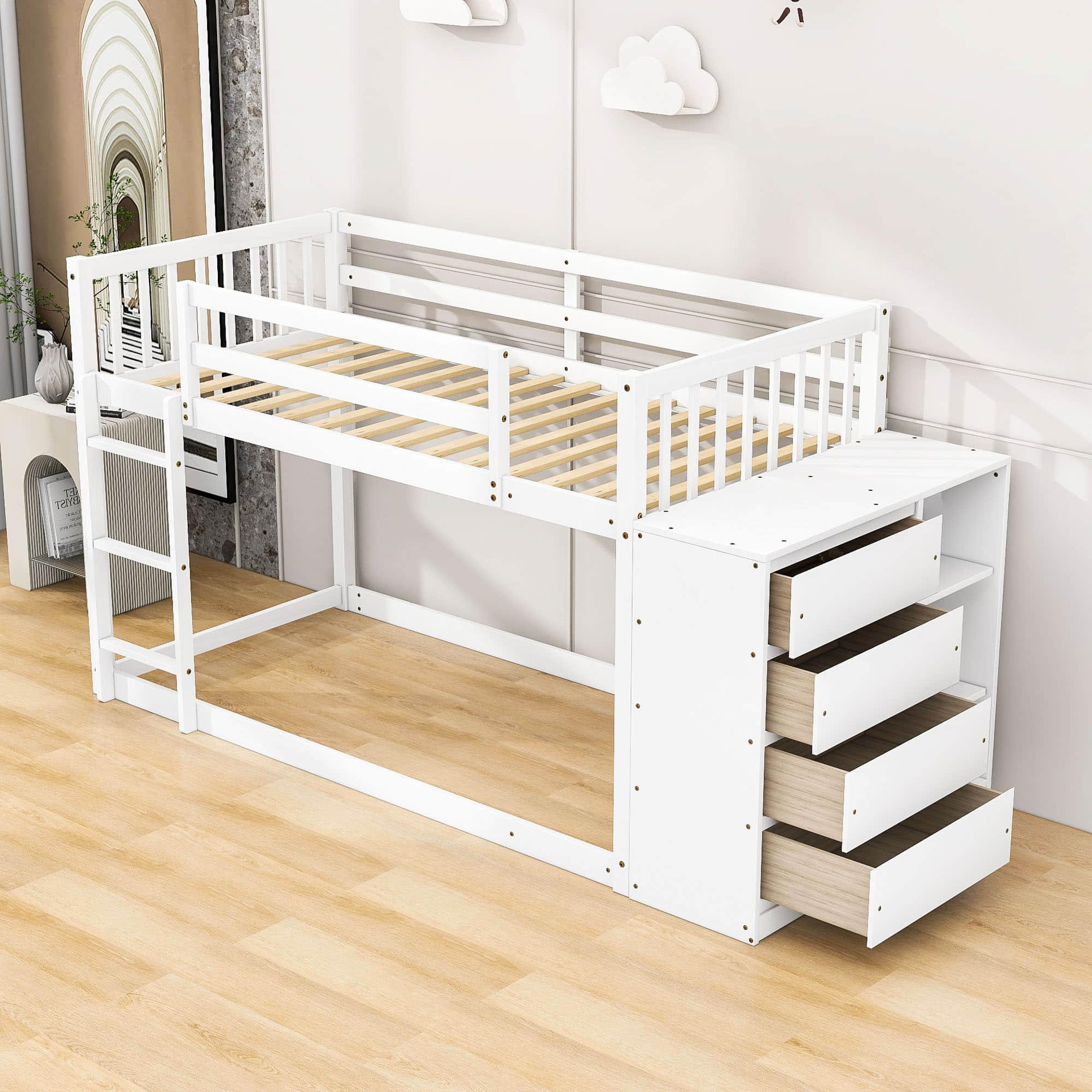 Low Twin Over Twin Bunk Beds with Detachable Storage Dresser - [Drawers, Shelves]