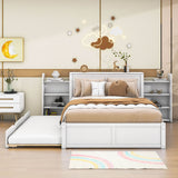 Full Platform Bed Frame with Pull Out Shelves and Twin Trundle