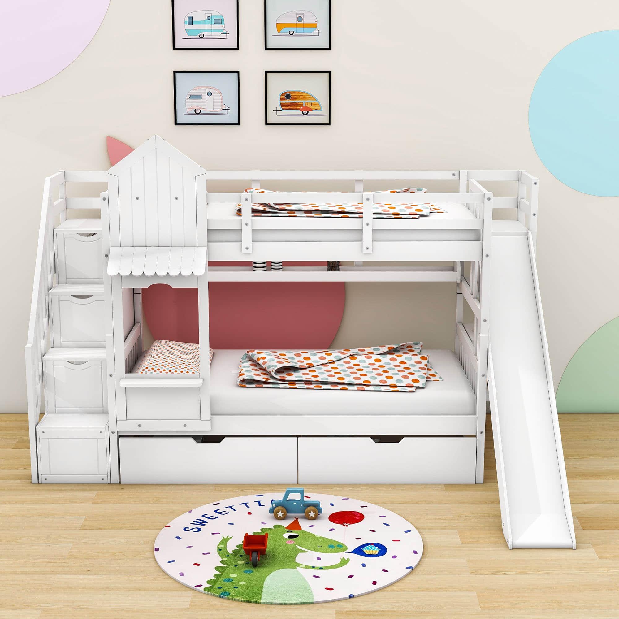 Girls Twin Over Twin Castle Bunk Bed with Slide and Stairs, Storage