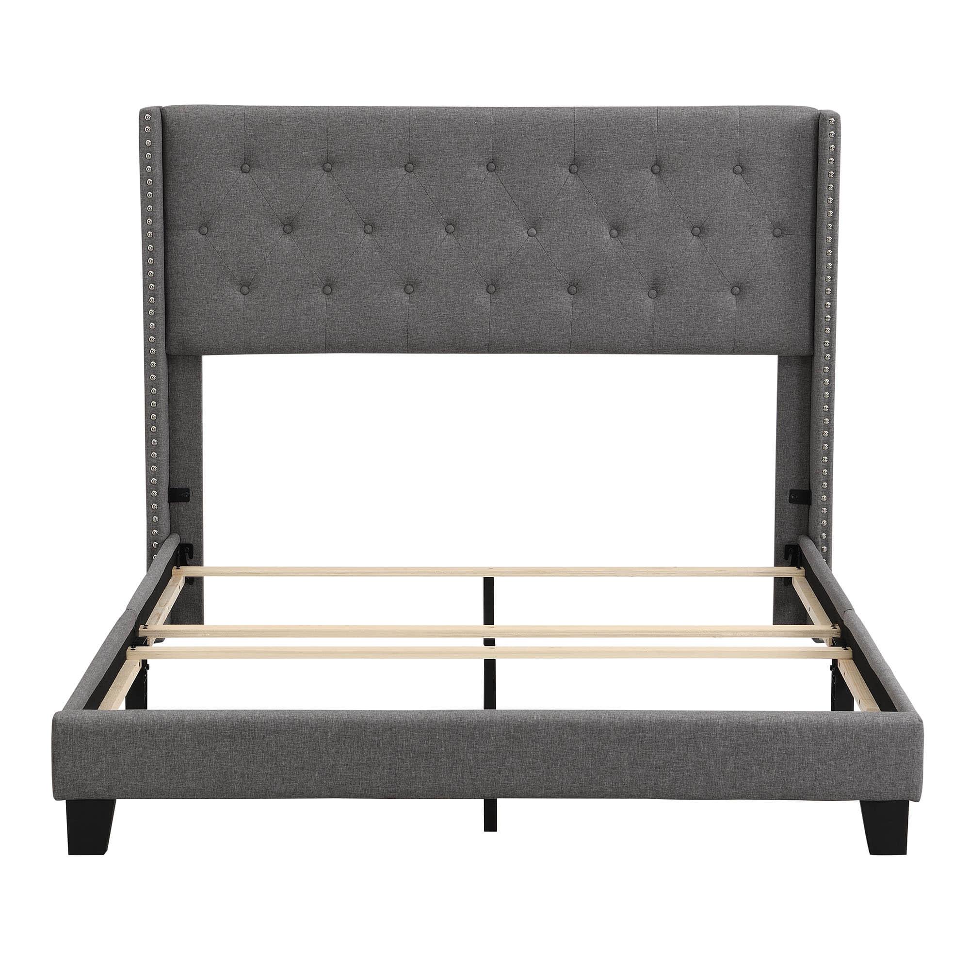 Queen Size Linen Upholstered Bed Frame with Tufted Headboard