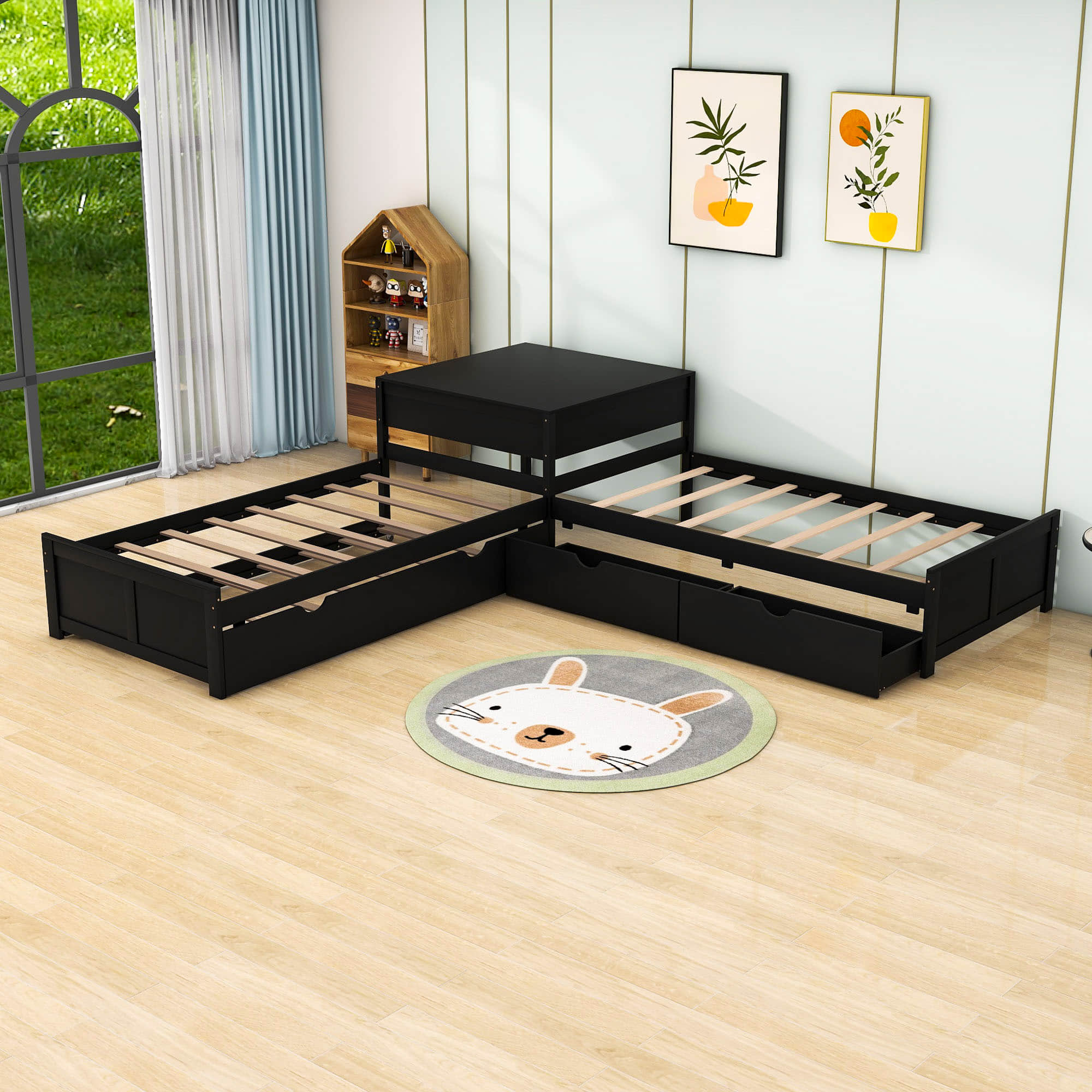 Twin Size L-Shaped Low Platform Corner Bed with Storage and Trundle - [Drawers, Desk]