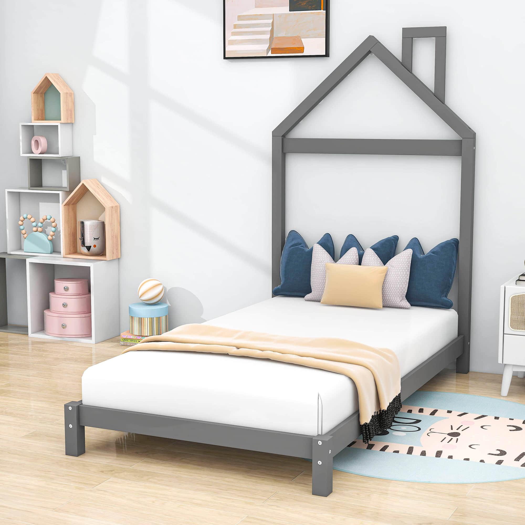 Wood Twin Size Low Platform Bed with House-shaped Headboard