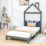 Wood Twin Size Low Platform Bed with House-shaped Headboard