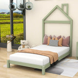 Wood Twin Size Low Platform Bed with House-shaped Headboard