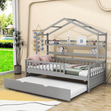 Wood Twin Size Low House Bed Frame with Storage and Twin Trundle Bed