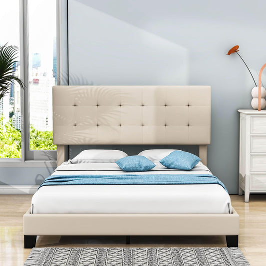 Queen Size Linen Upholstered Platform Bed with Tufted Headboard