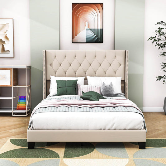 Queen Size Linen Upholstered Bed Frame with Tufted Headboard