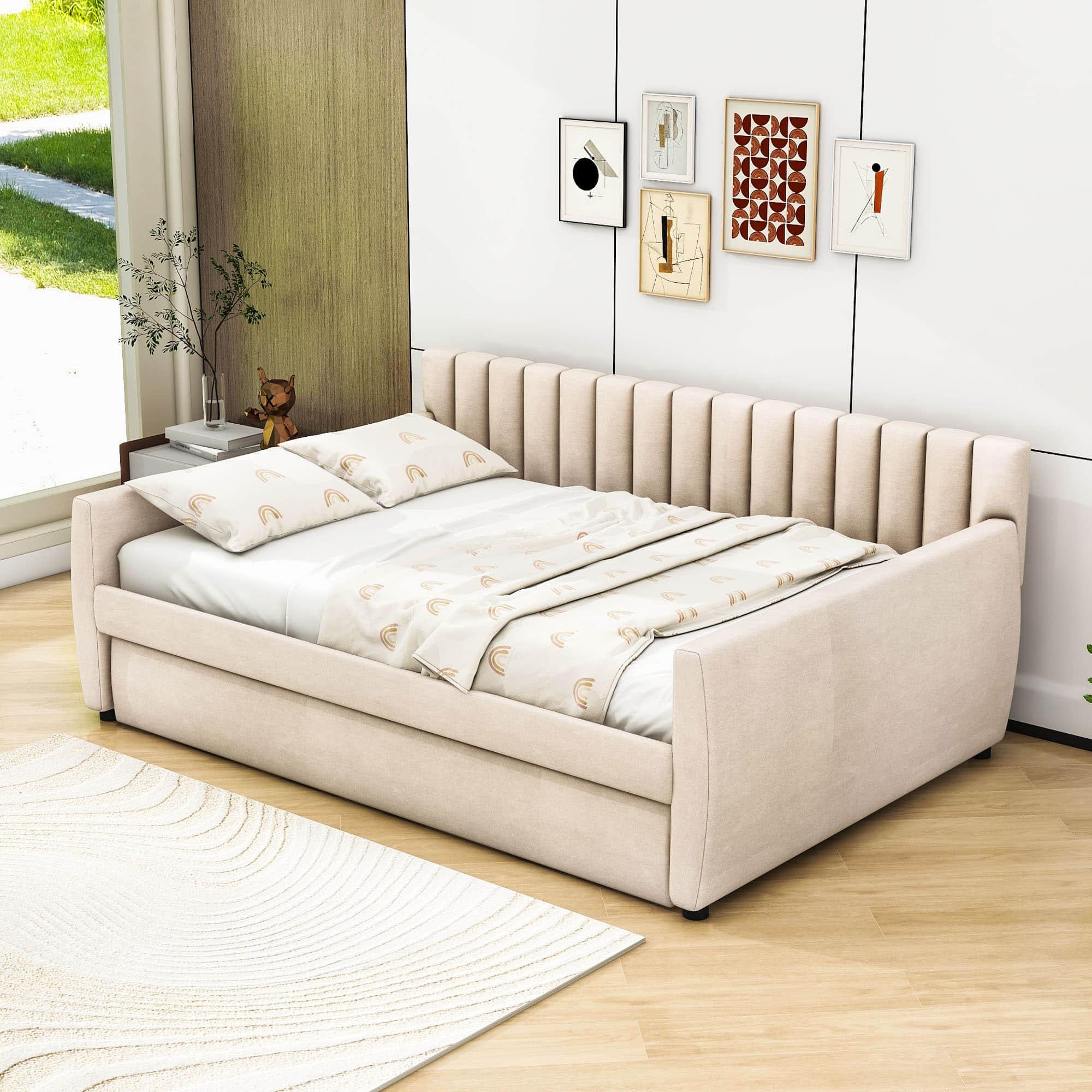 Velvet Upholstered Full Size Daybed with Trundle