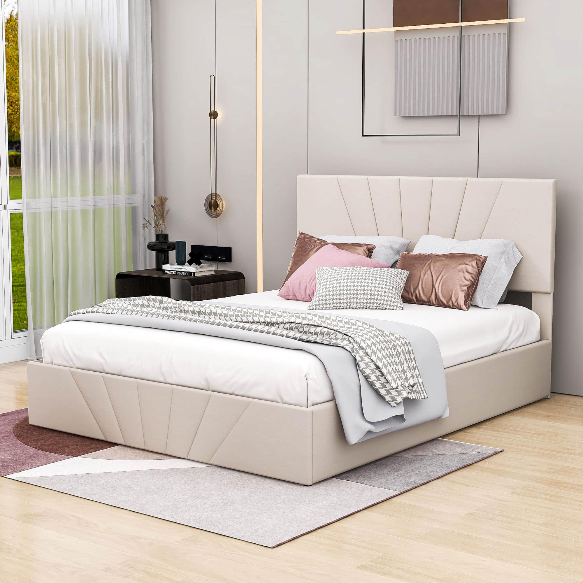 Upholstered Queen Size Platform Bed with Headboard and Hydraulic Storage System