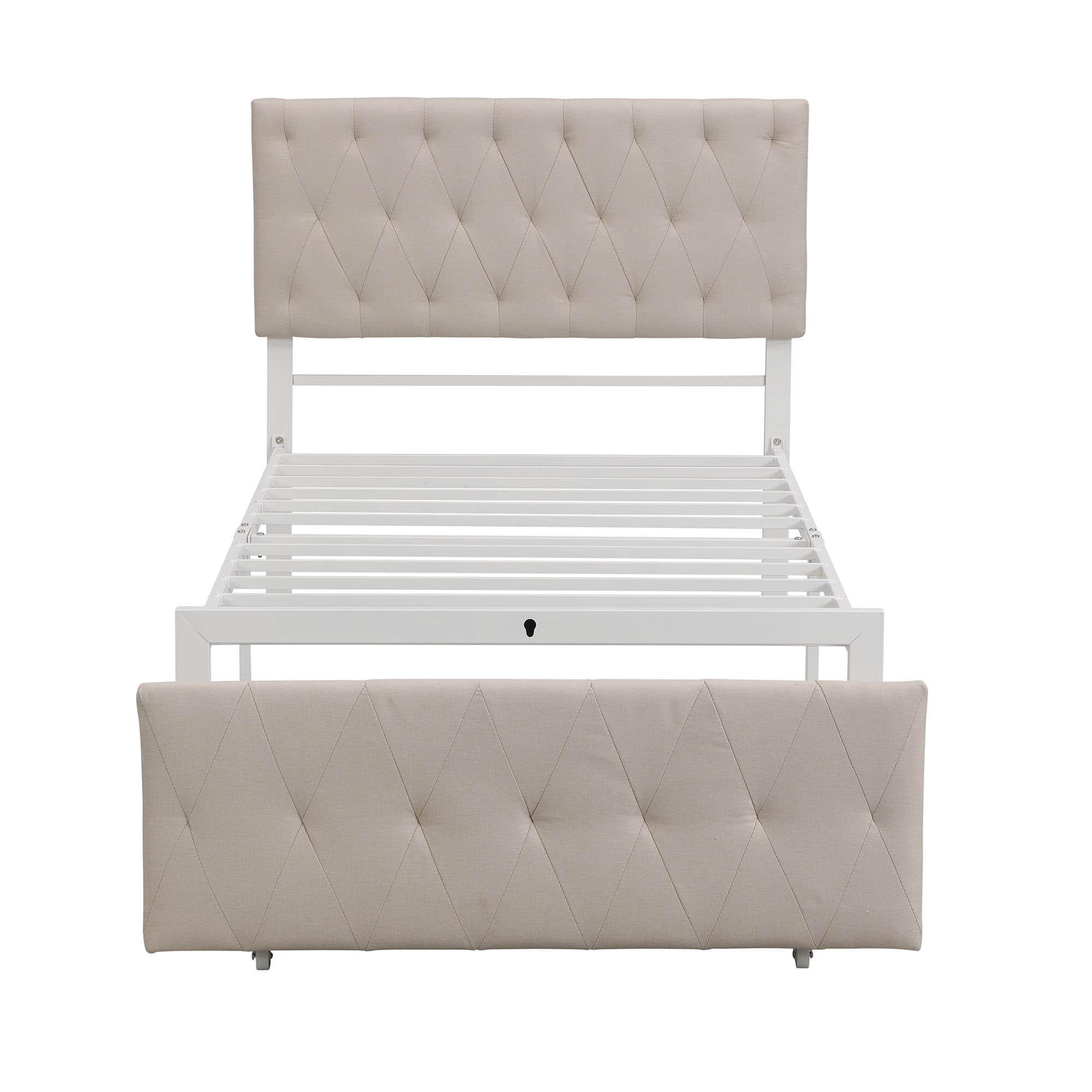 Metal Twin Size Upholstered Storage Bed with Headboard and Drawer