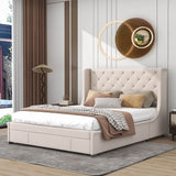 Queen Upholstered Bed Frame with Wingback Headboard and Storage