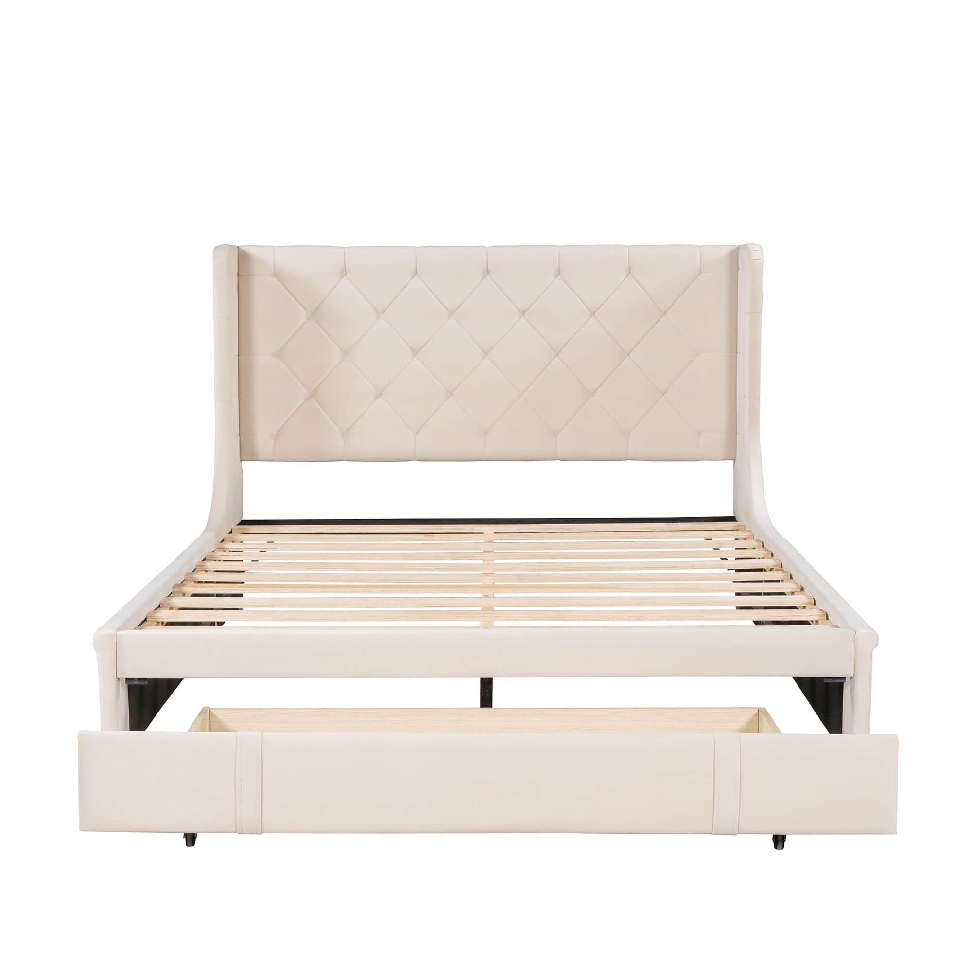 Queen Upholstered Bed Frame with Wingback Headboard and Storage