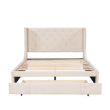 Queen Upholstered Bed Frame with Wingback Headboard and Storage