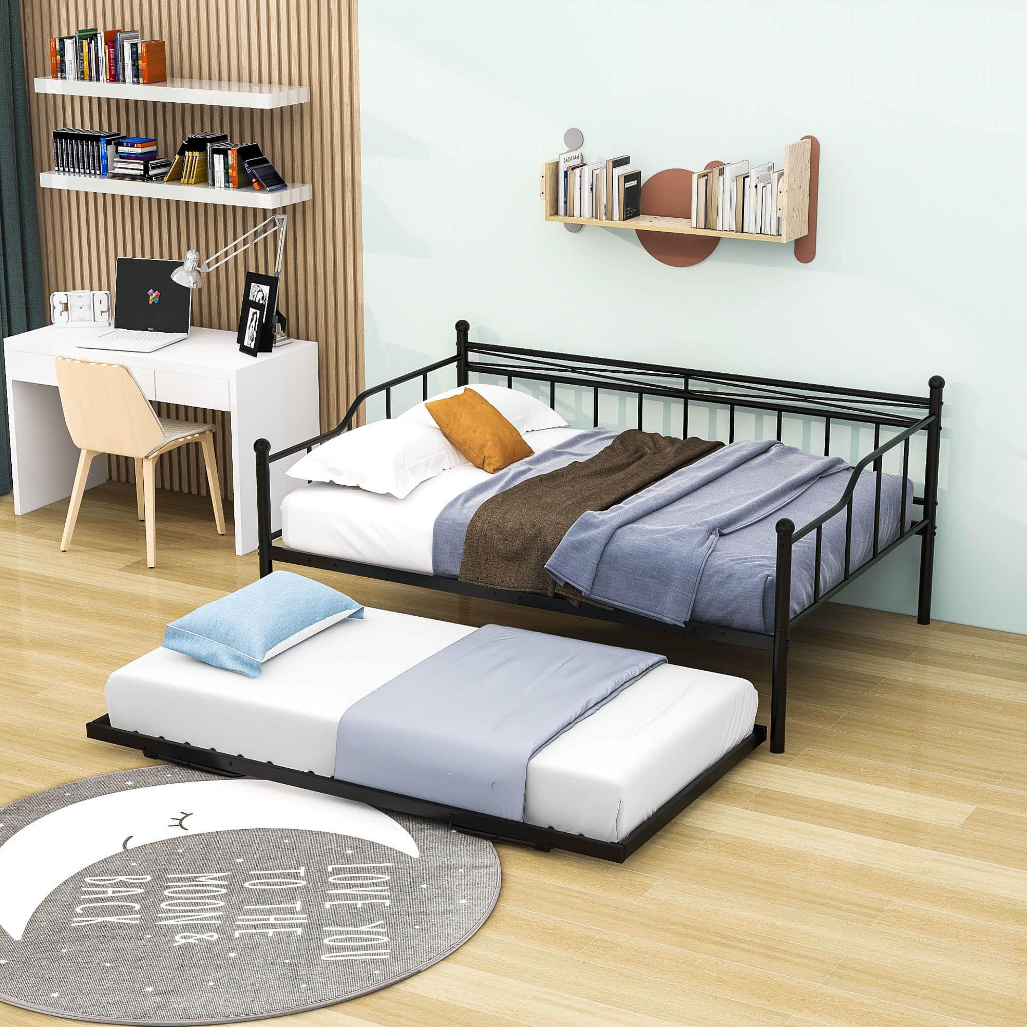 Metal Full Size Daybed with Foldable Pop-Up Trundle