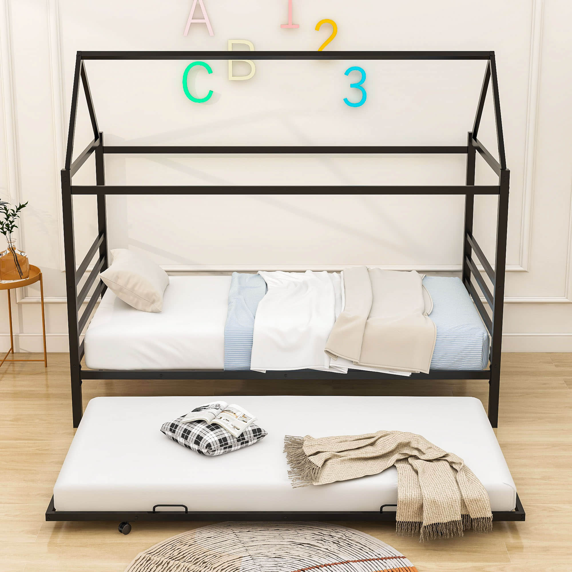 Metal Twin House Bed Frame with Twin Trundle Bed and Headboard