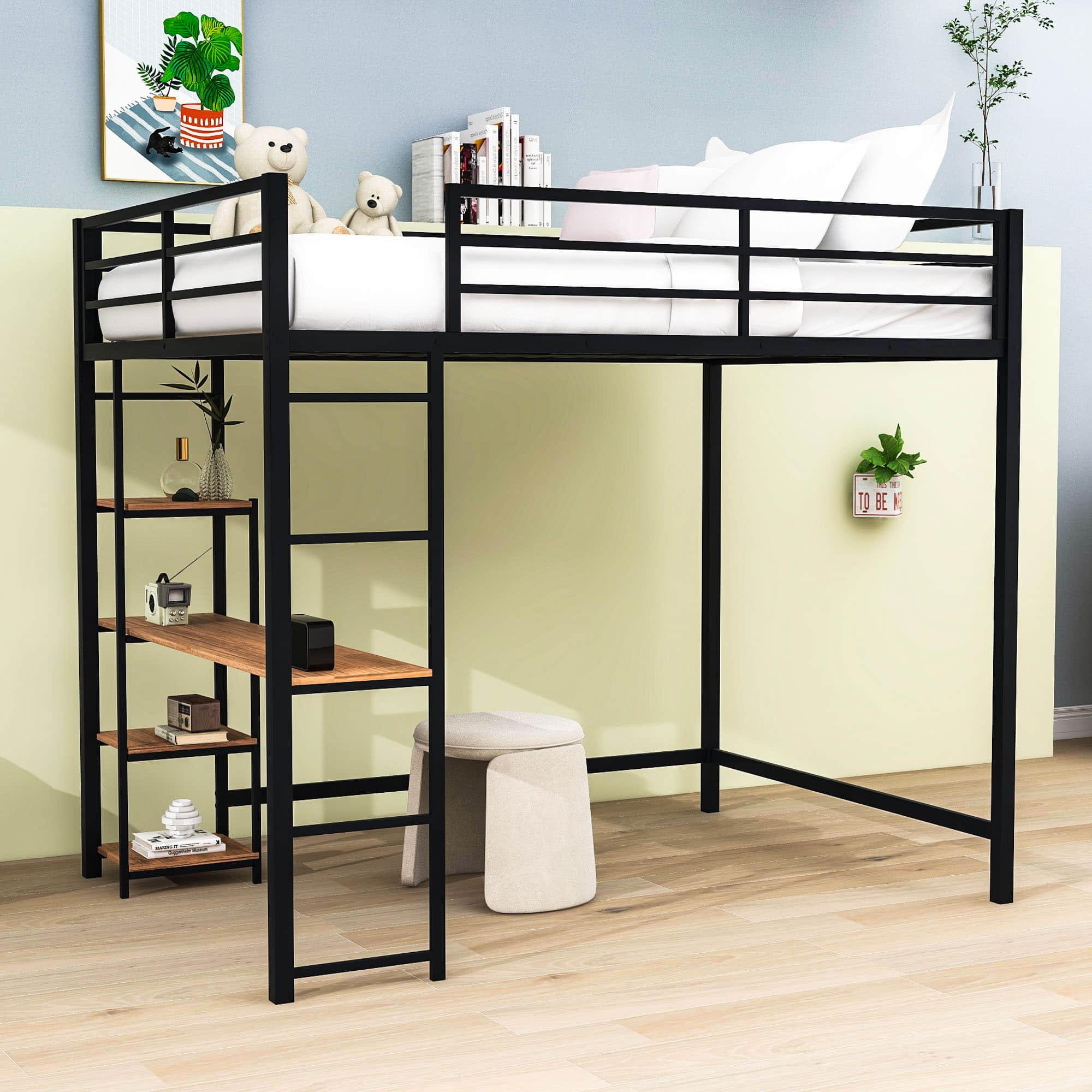 Full Size Metal Loft Bed with Desk and Storage Shelves for Kids, Adults