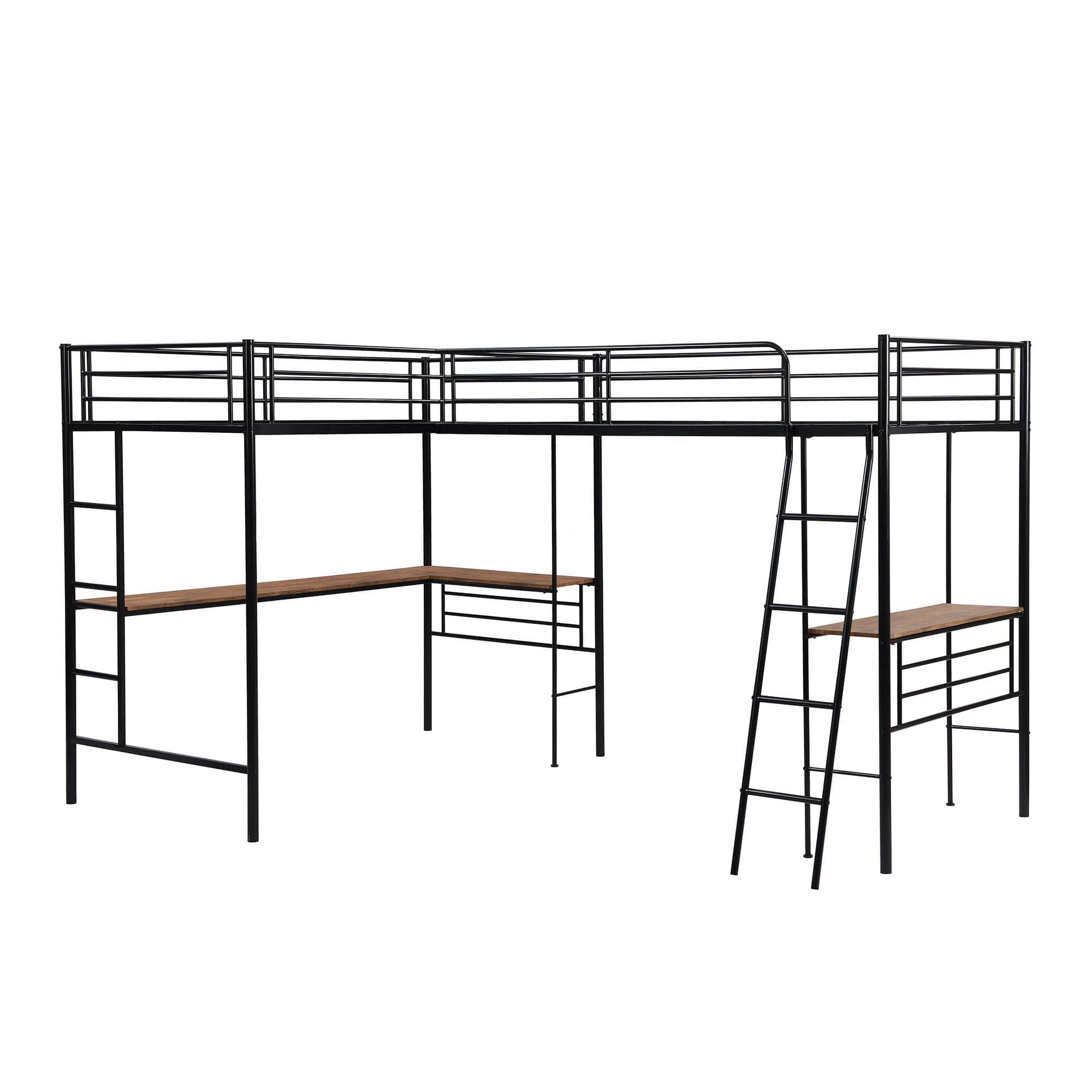 L-Shaped Double Black Metal Twin Loft Bed with Desks for 2 Person - [Corner]