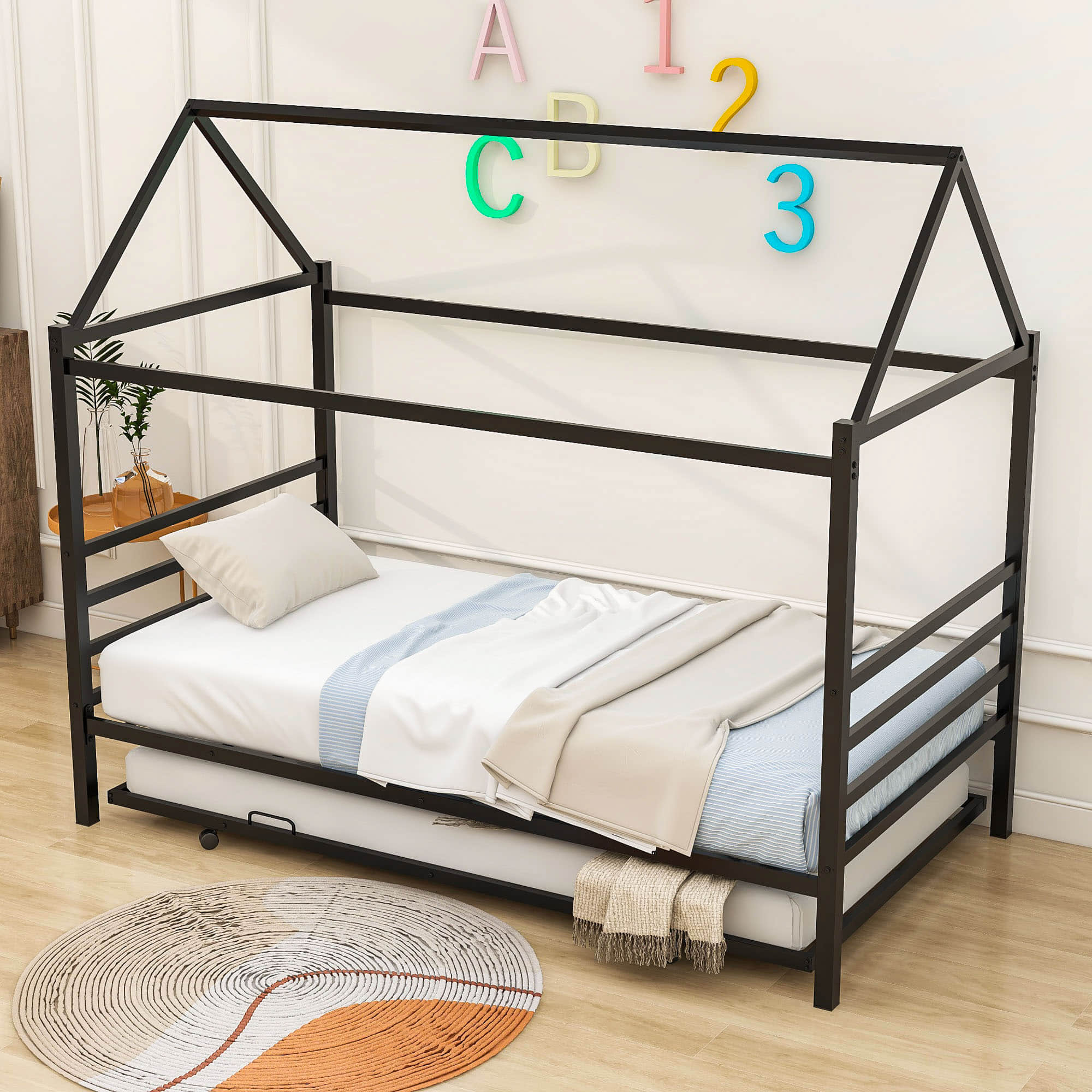 Metal Twin House Bed Frame with Twin Trundle Bed and Headboard