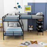 Twin Over Full Loft Triple Bunk Beds with Storage Shelves - [Metal, L-Shaped]