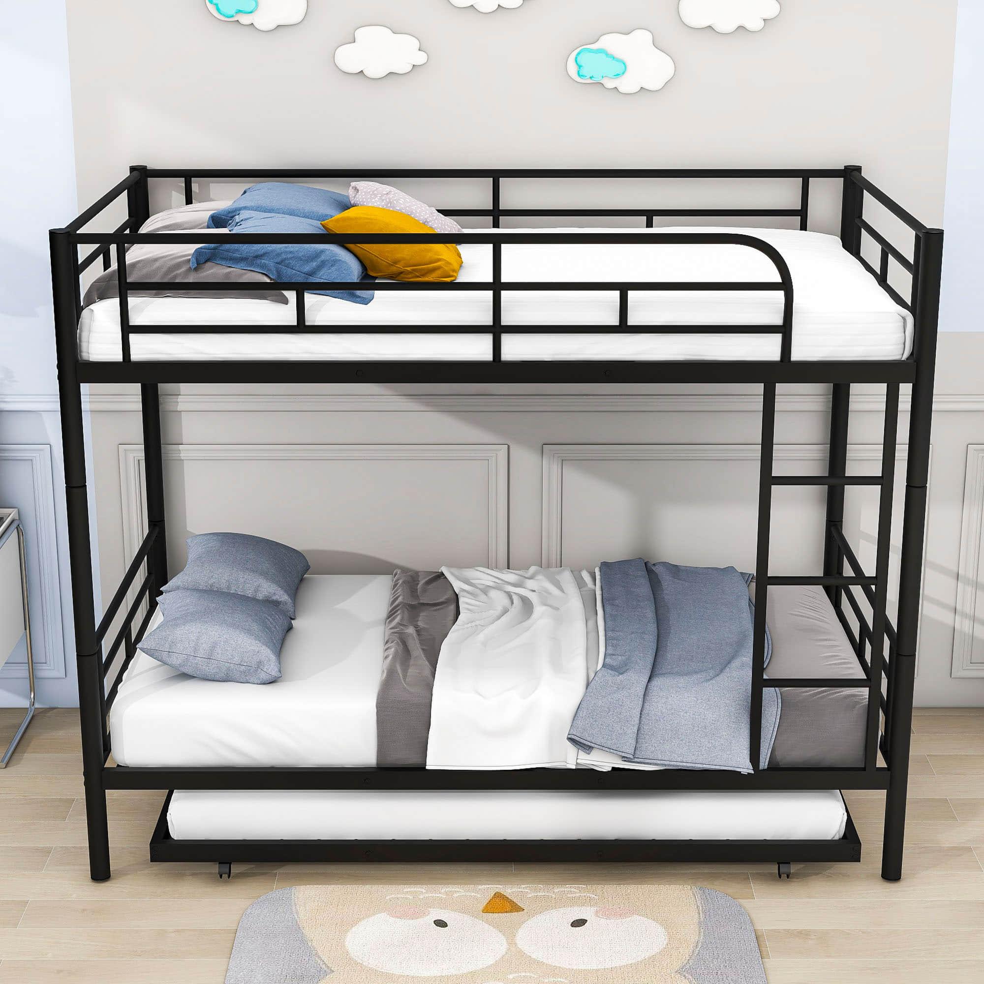 Twin Over Twin Classic Metal Bunk Bed with Trundle - [Detachable, Ladder]