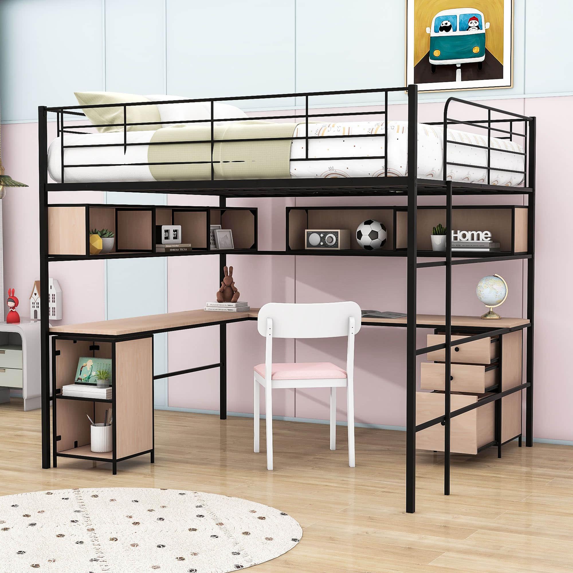 Metal Full Size Loft Bed with Desk and Storage for Adults, Teens