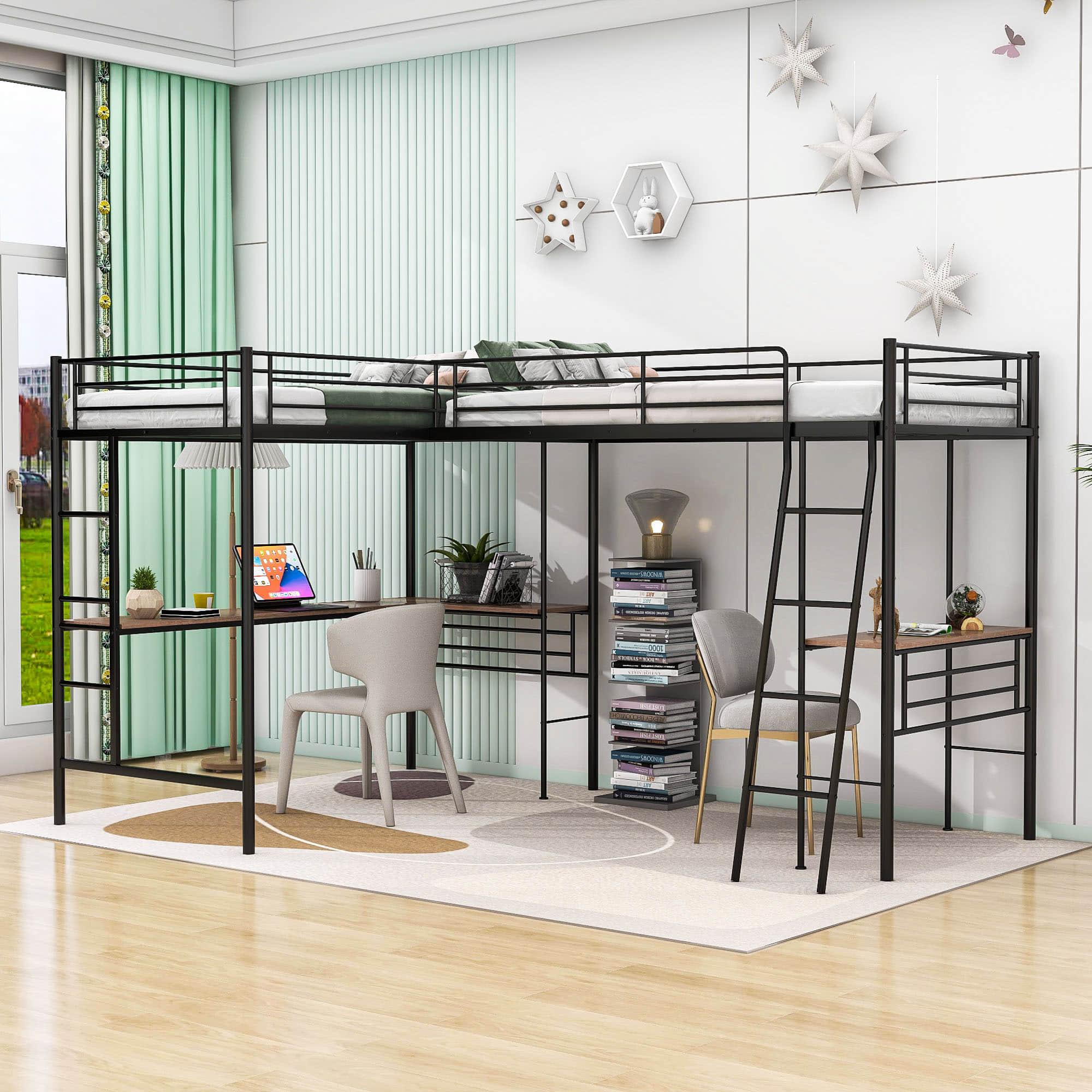 L-Shaped Double Black Metal Twin Loft Bed with Desks for 2 Person - [Corner]