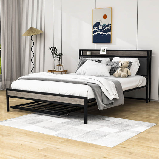 Smart Modern Queen Size Metal Platform Bed Frame with Twin Trundle