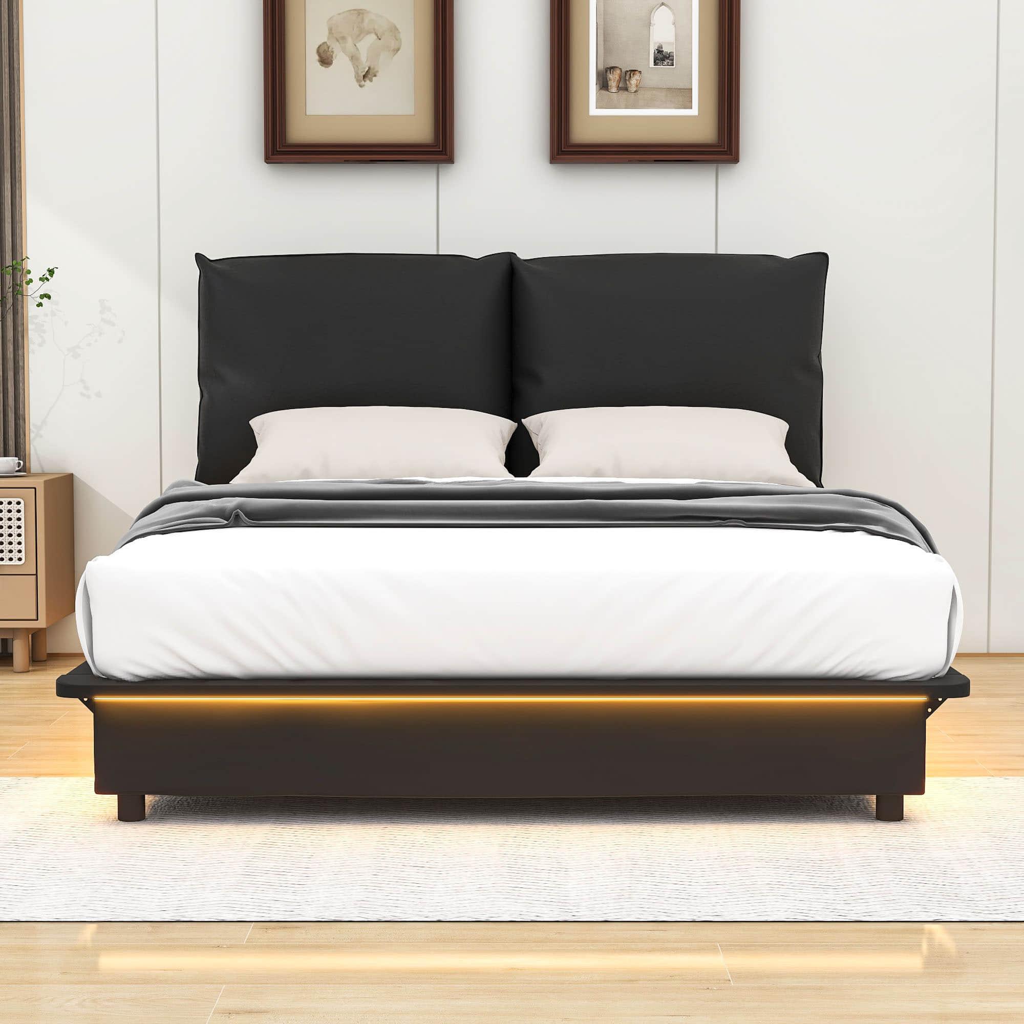 Modern Full Size Upholstered Platform Bed Frame with Headboard LED Lights