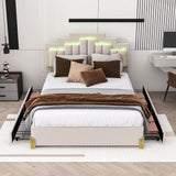 Upholstered Platform Queen Bed Frame with Headboard and LED Lights