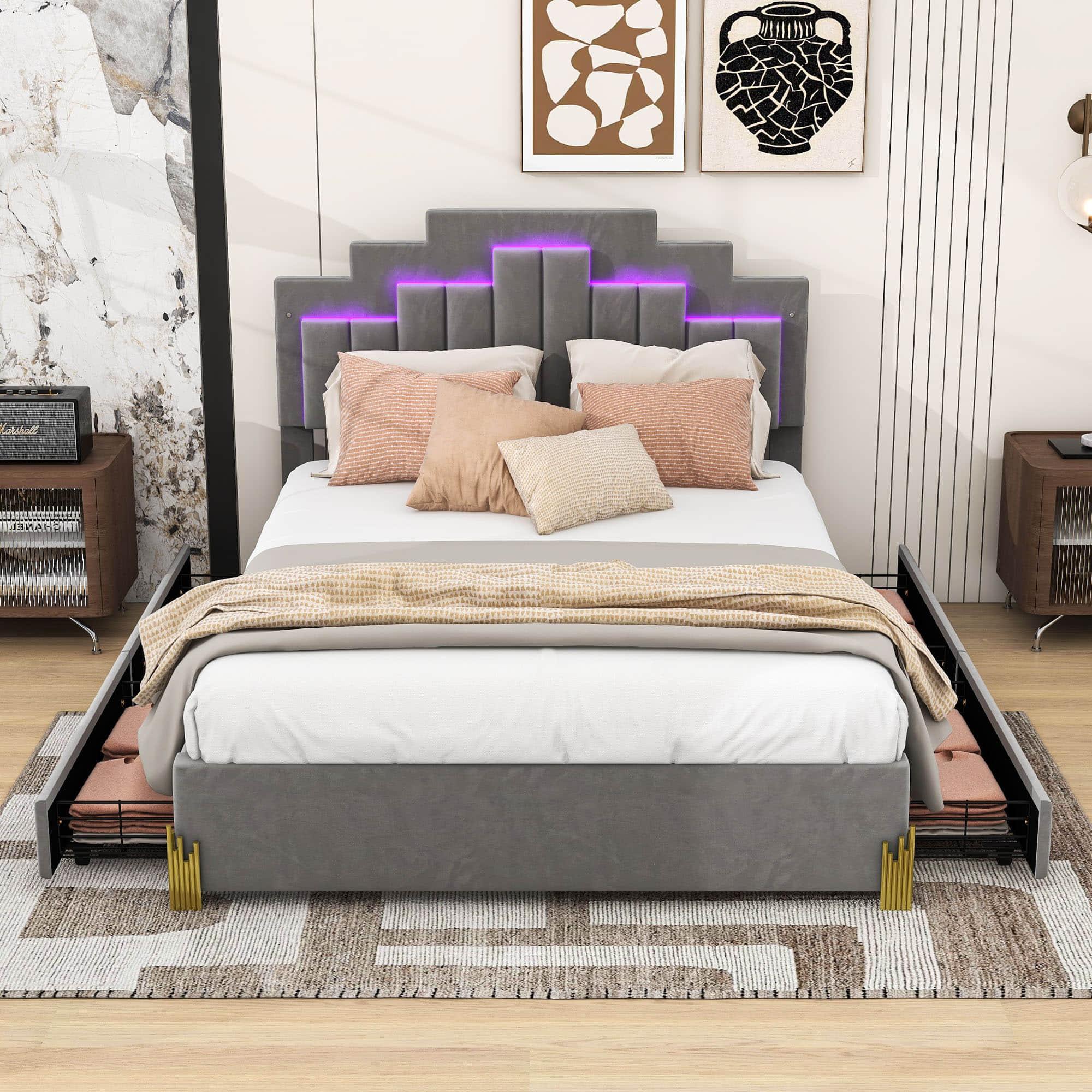 Upholstered Platform Queen Bed Frame with Headboard and LED Lights