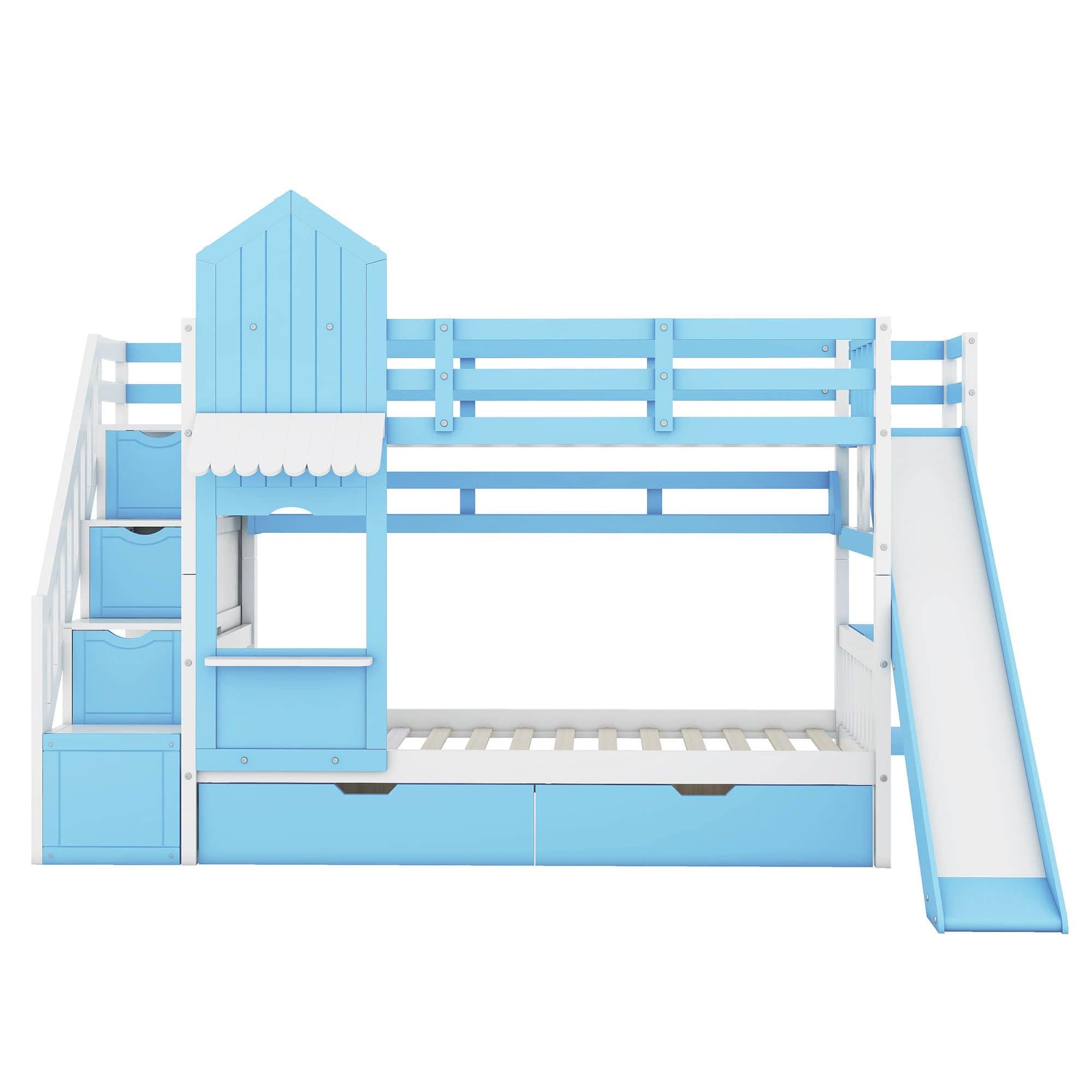 Girls Twin Over Twin Castle Bunk Bed with Slide and Stairs, Storage