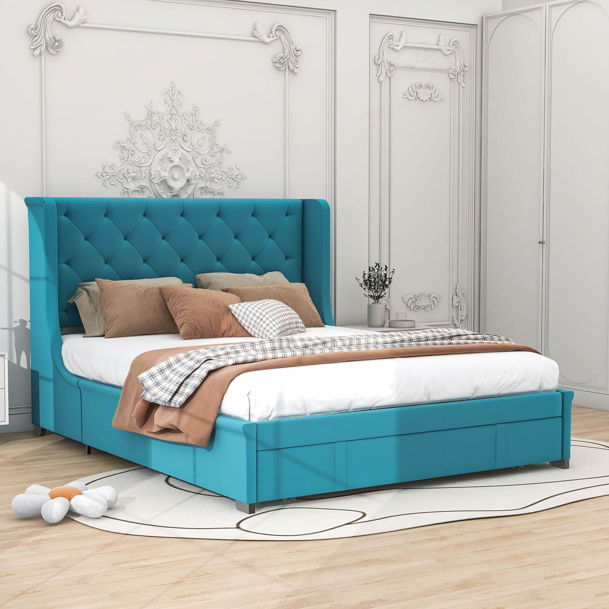 Queen Upholstered Bed Frame with Wingback Headboard and Storage