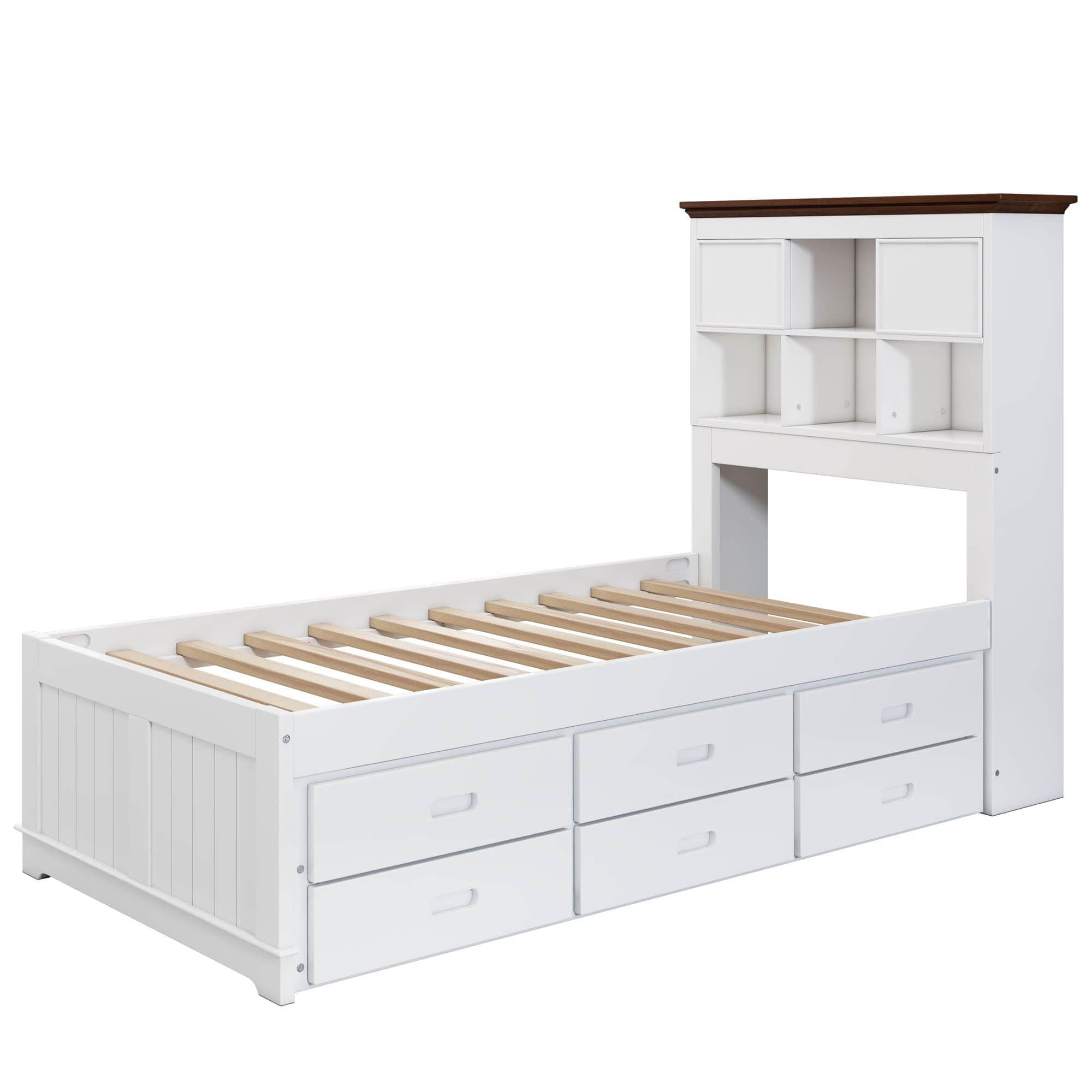 Solid Wood Twin Captains Bed with Twin Trundle and Storage - [Drawers, Shelves]