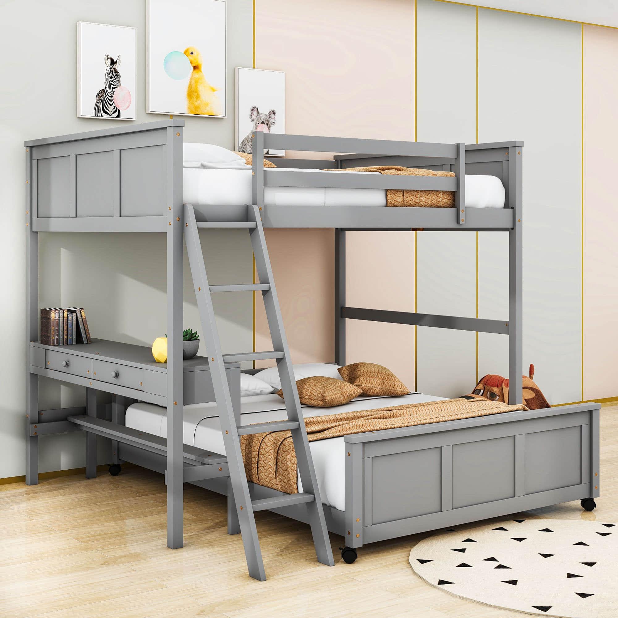 L-Shaped Full Over Full Bunk Beds with Desk and Storage Drawers Wooden