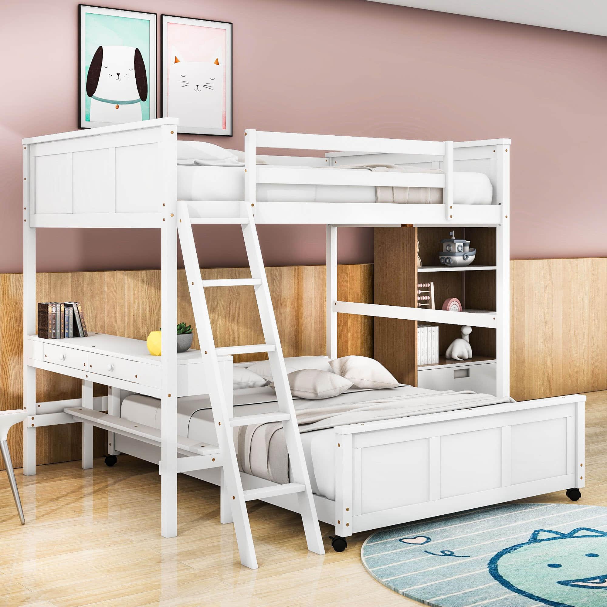 L-Shaped Full Over Full Bunk Beds with Desk and Storage Drawers Wooden