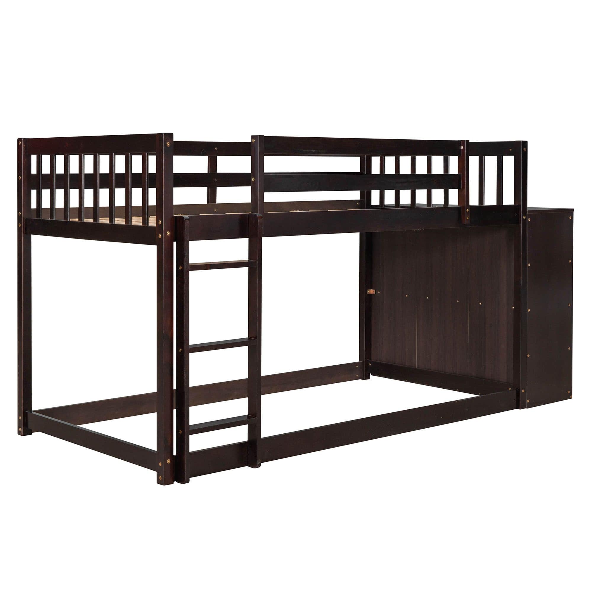 Low Twin Over Twin Bunk Beds with Detachable Storage Dresser - [Drawers, Shelves]