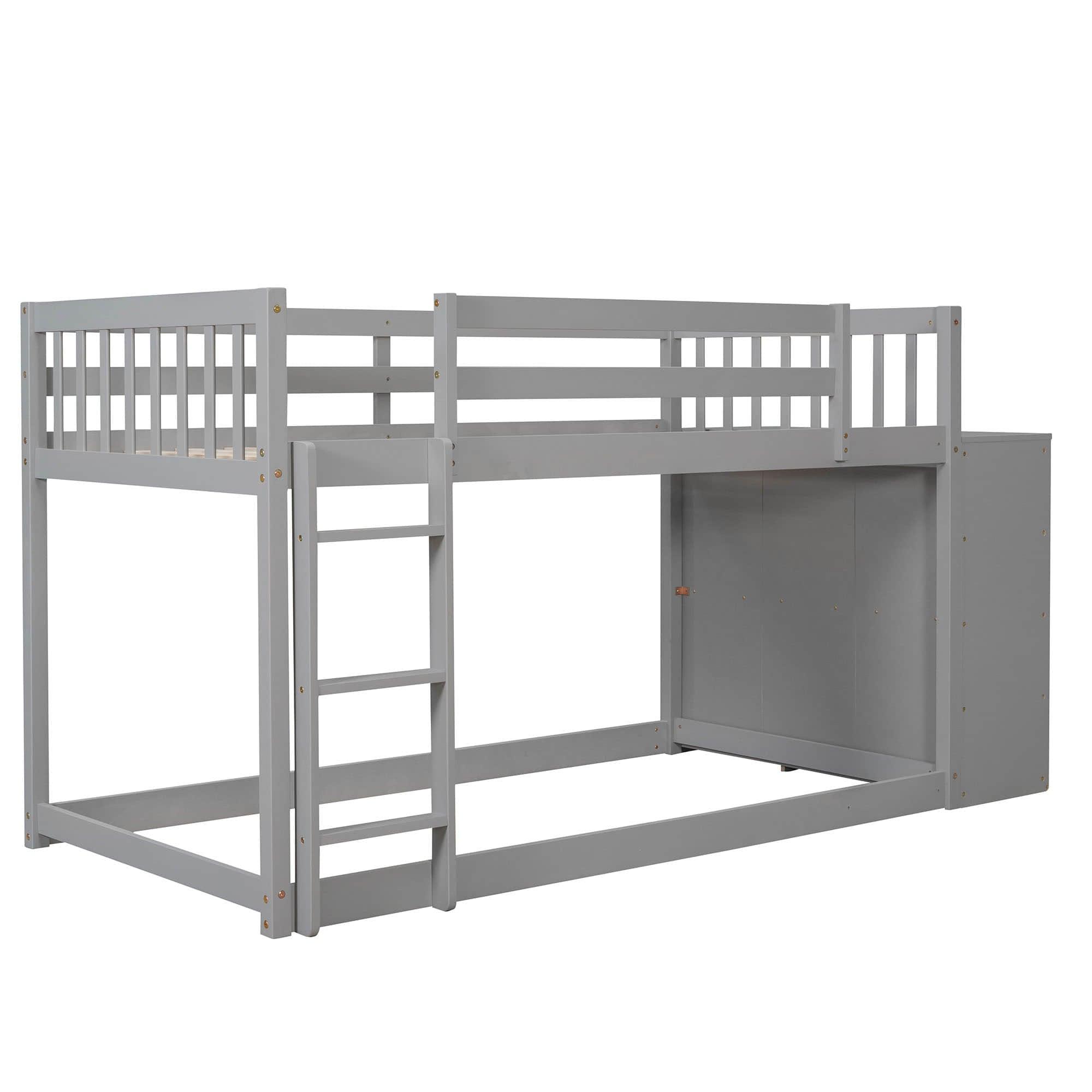 Low Twin Over Twin Bunk Beds with Detachable Storage Dresser - [Drawers, Shelves]