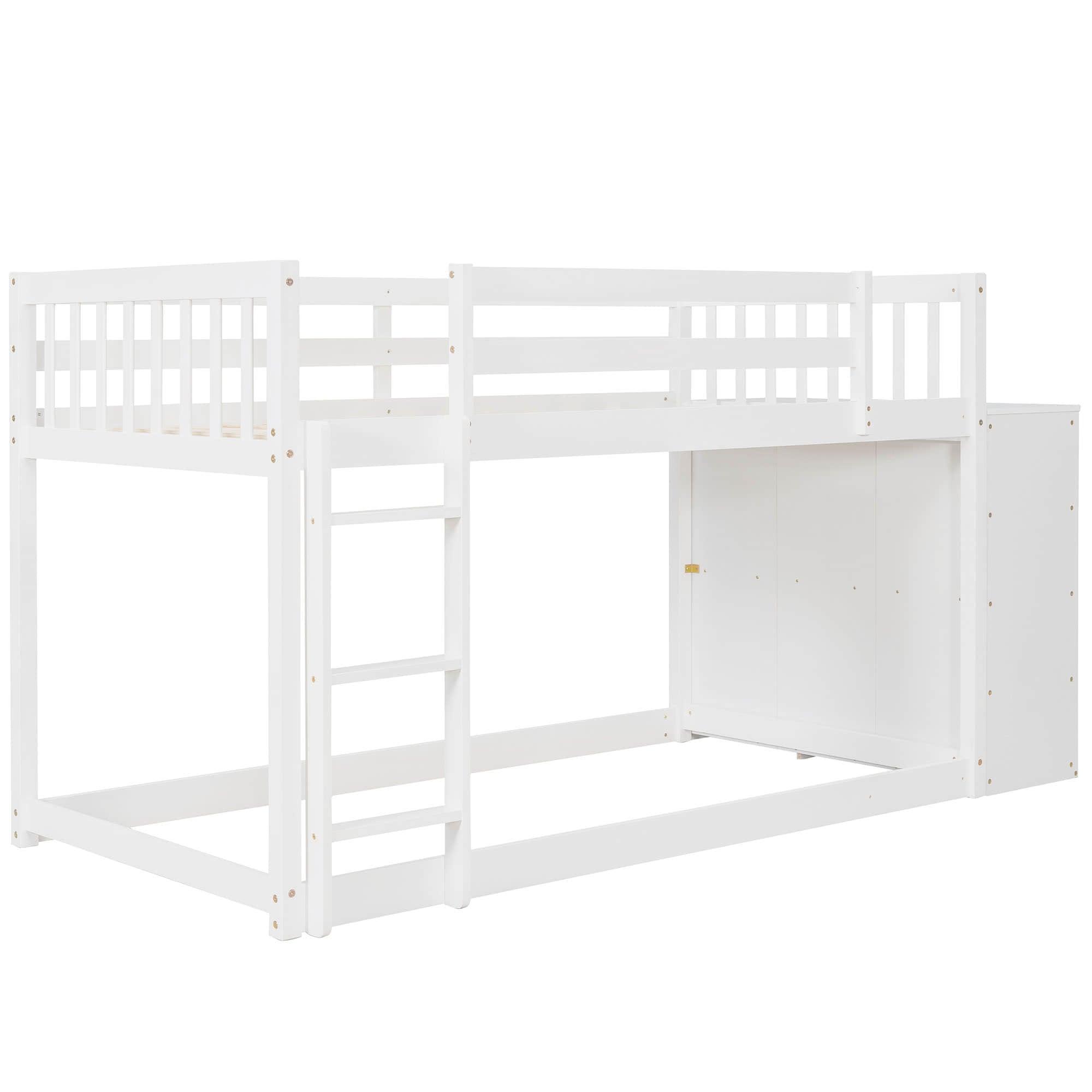 Low Twin Over Twin Bunk Beds with Detachable Storage Dresser - [Drawers, Shelves]