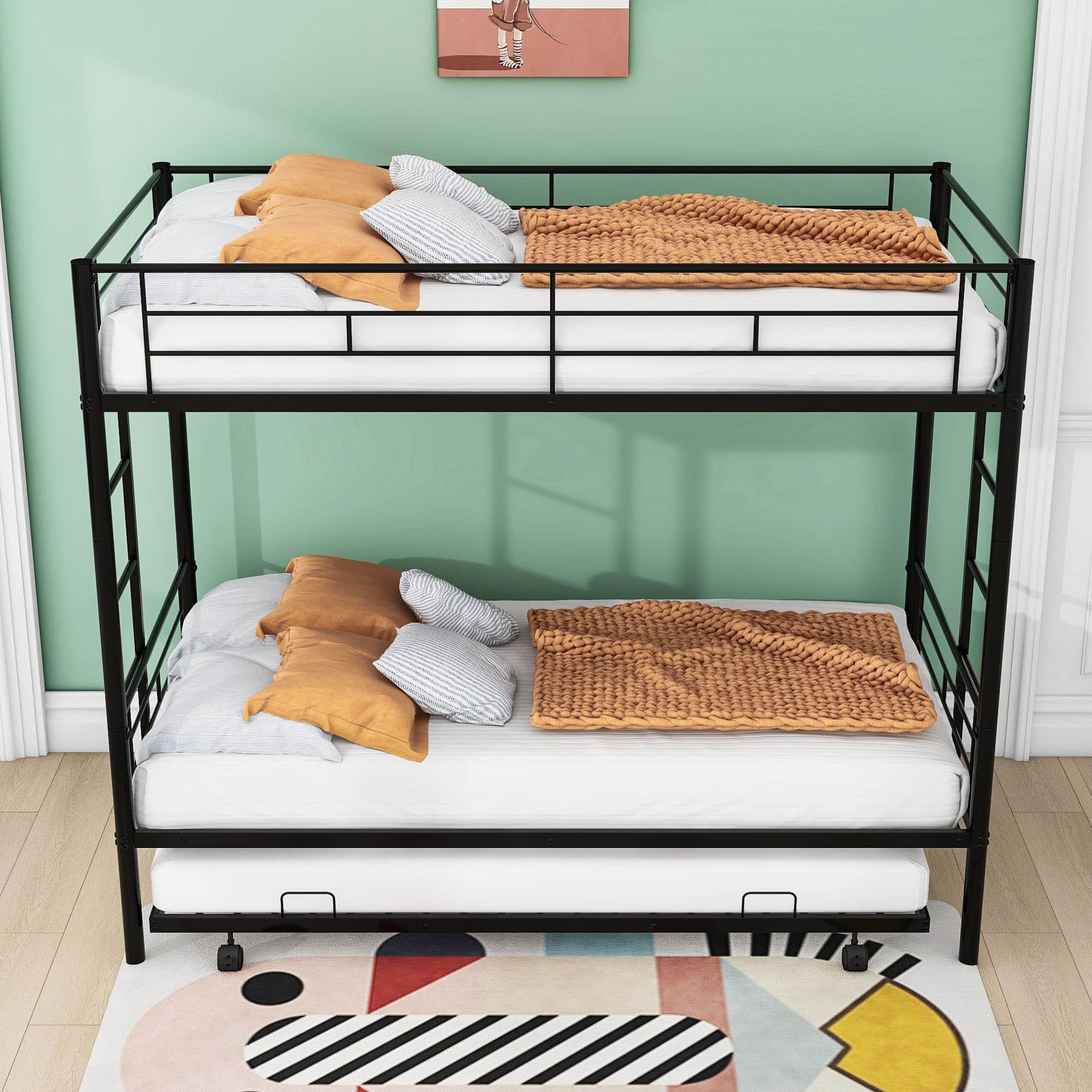 Metal Twin Over Twin Bunk Bed with Trundle - [Convertible, Noise Reduced]