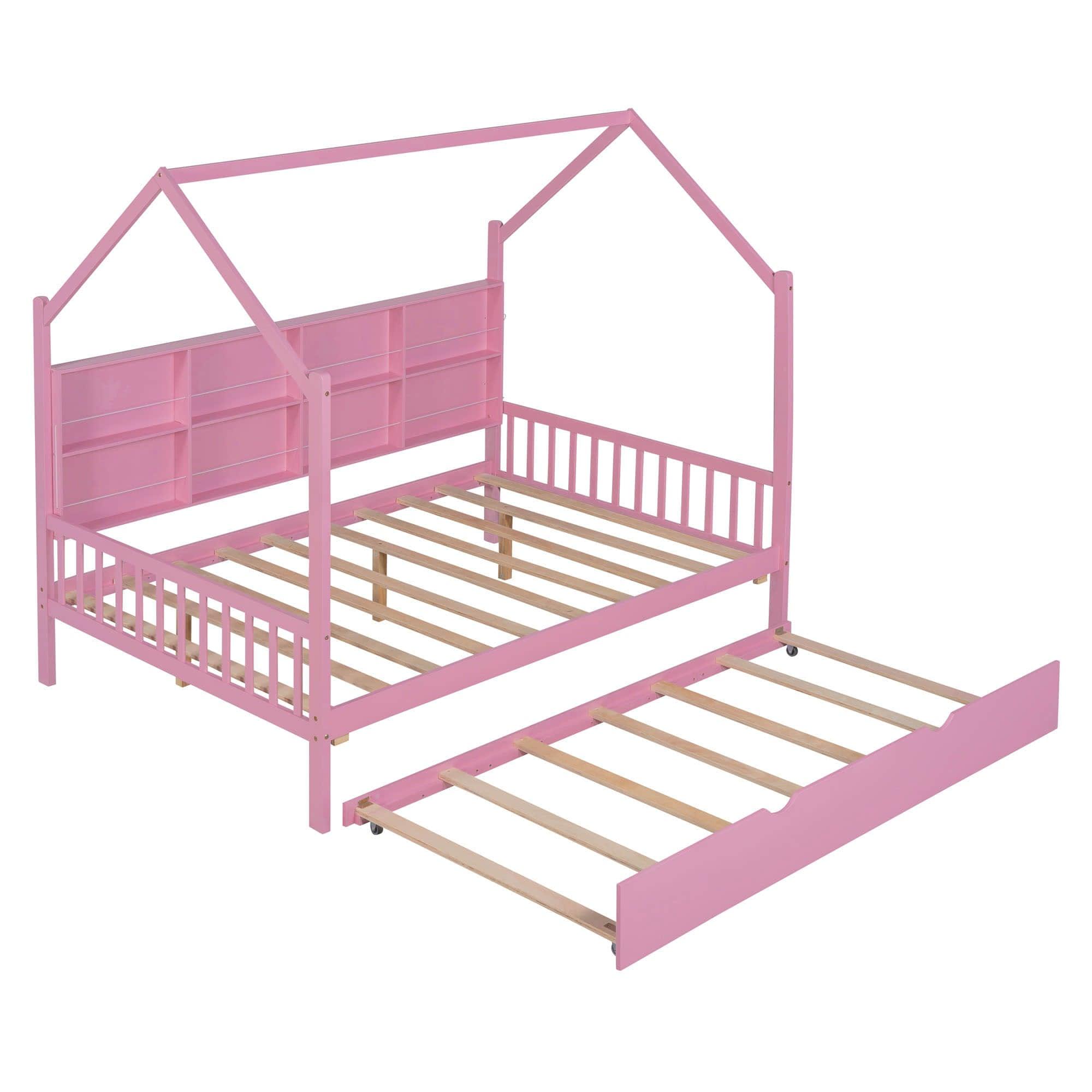 Wooden Kids House Full Size Bed with Trundle, Storage and Headboard - [Shelves]