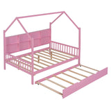 Wooden Kids House Full Size Bed with Trundle, Storage and Headboard - [Shelves]