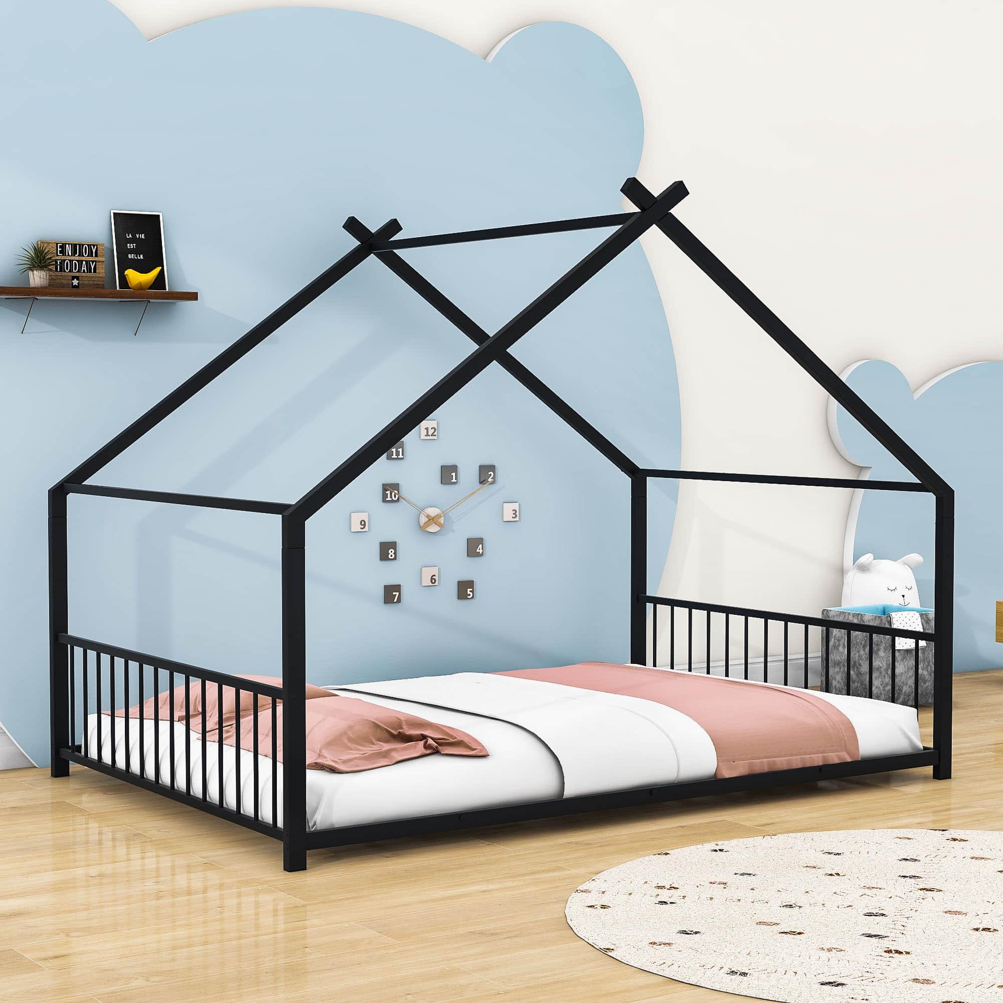 Full Size Metal House Floor Bed for Toddler, Kids