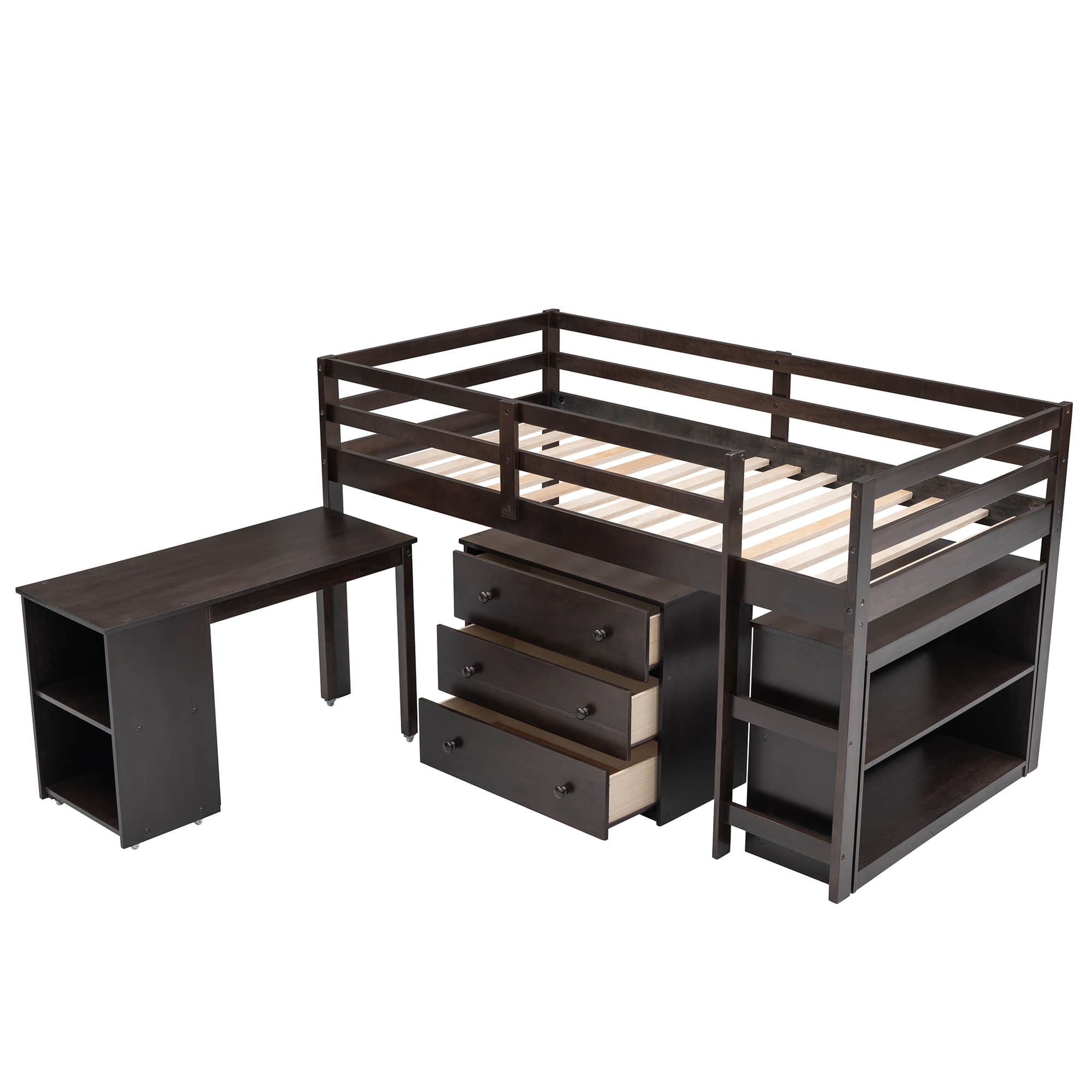 Montessori Twin Low Loft Bed with Desk and Storage for Kids - [Shelves, Dresser, Drawers, Ladder, Wood]