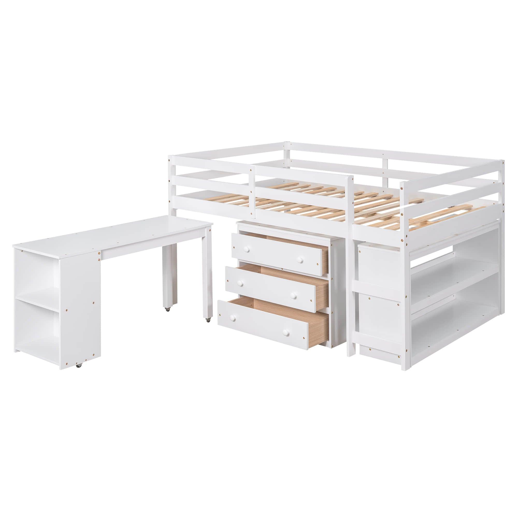 Montessori Full Low Loft Bed with Desk and Storage for Kids - [Shelves, Dresser, Drawers, Ladder, Wood]