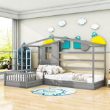 Wooden Montessori Twin Size House Double Kids Bed with Rails