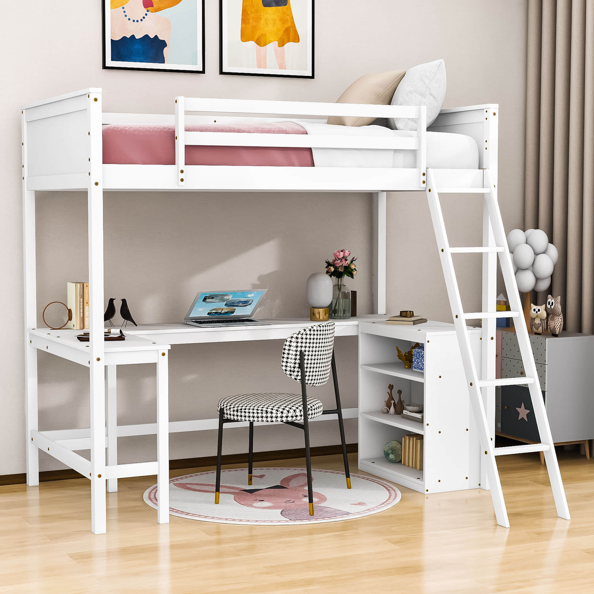 Wood Twin Size Loft Bed with Desk and Storage Shelves for Kids, Adult