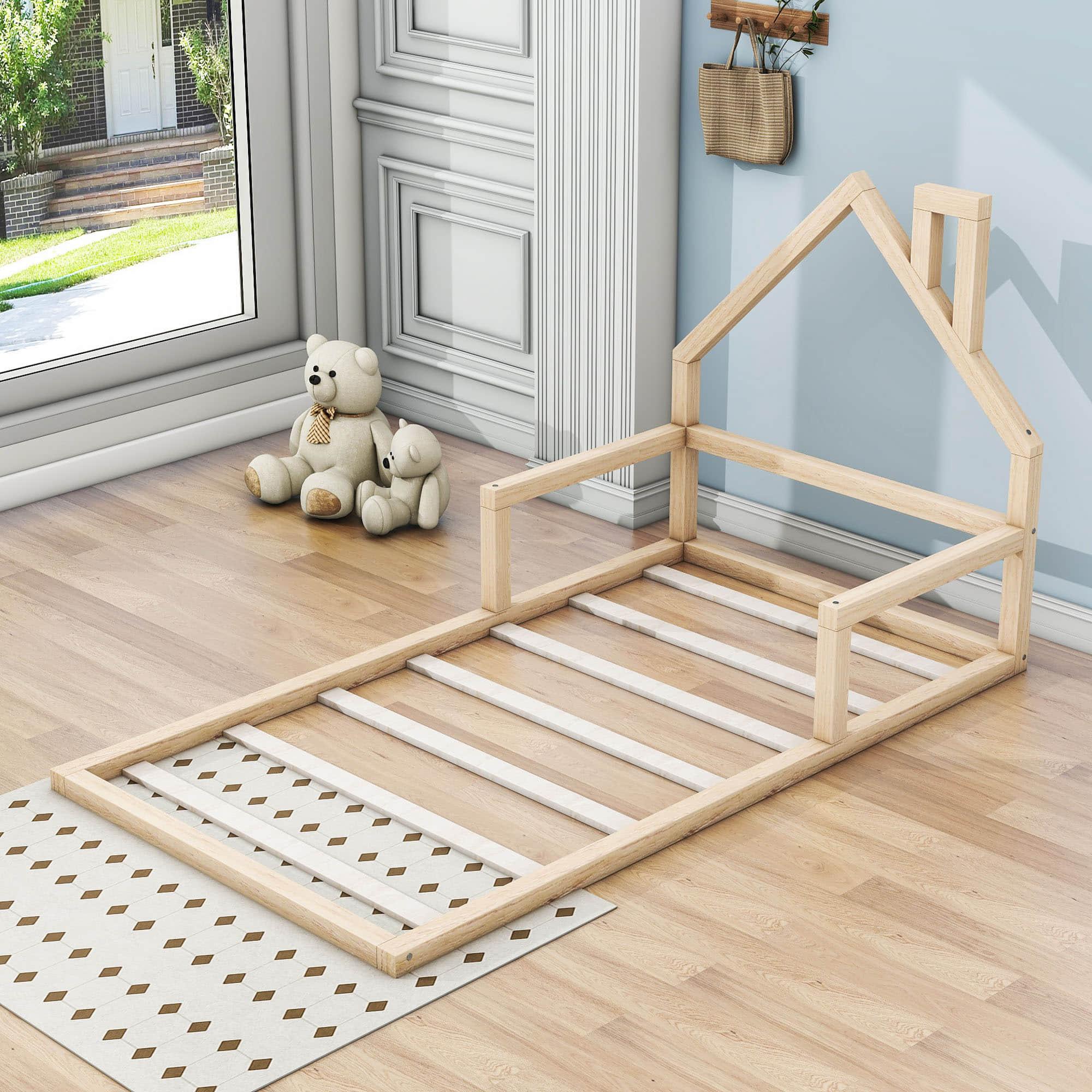 Wood Twin Toddler Floor Bed Frame with Rails and House-Shaped Headboard