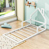 Wood Twin Toddler Floor Bed Frame with Rails and House-Shaped Headboard