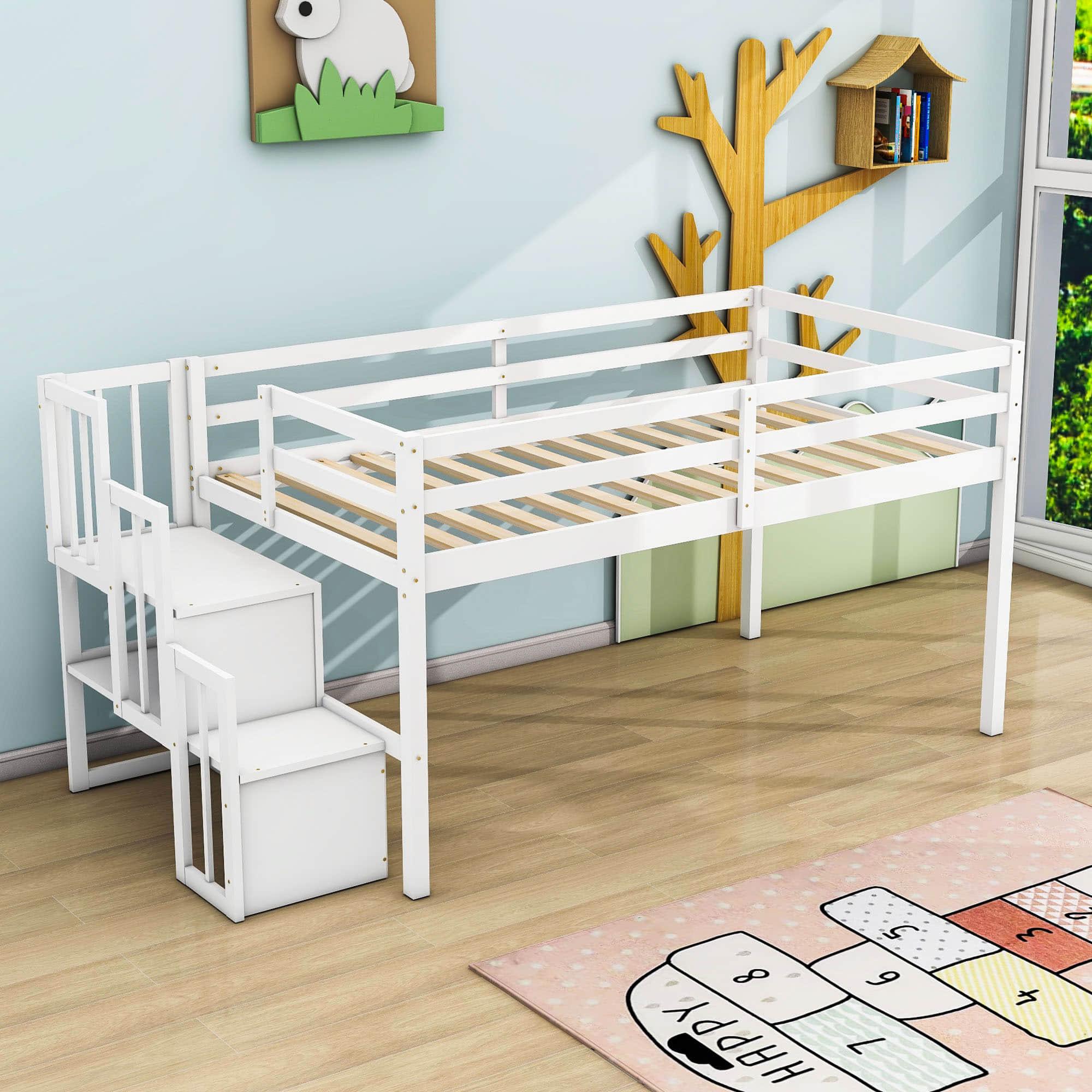 Wood Low Twin Loft Bed with Stairs and Storage for Kids, Toddler - [Shelves]