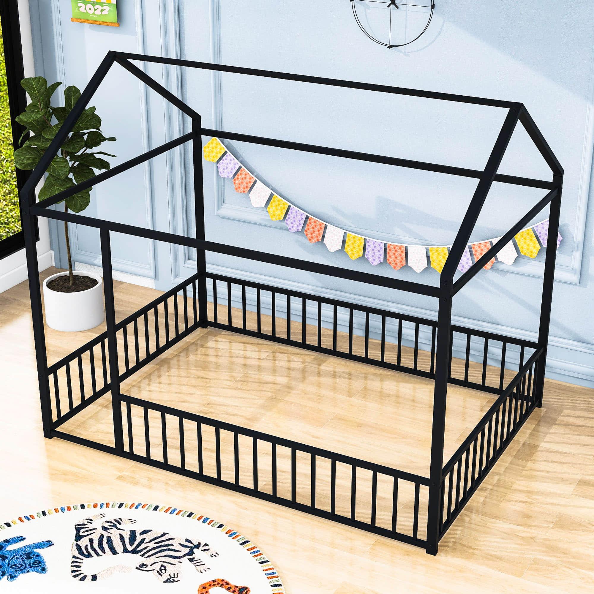 Full Size Metal House Toddler Floor Bed with Rails for Boys and Girls